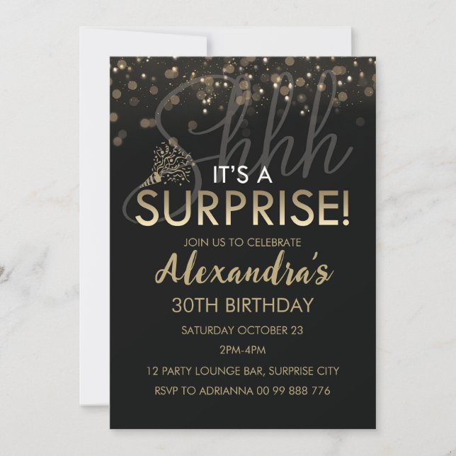 Invitación Surprise Birday Party para mujeres, Men Black Gold (Anverso)