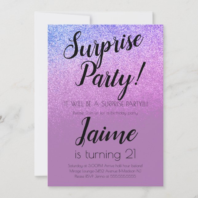 Invitación Surprise Birday Party Purpurina Purple Ombre (Anverso)