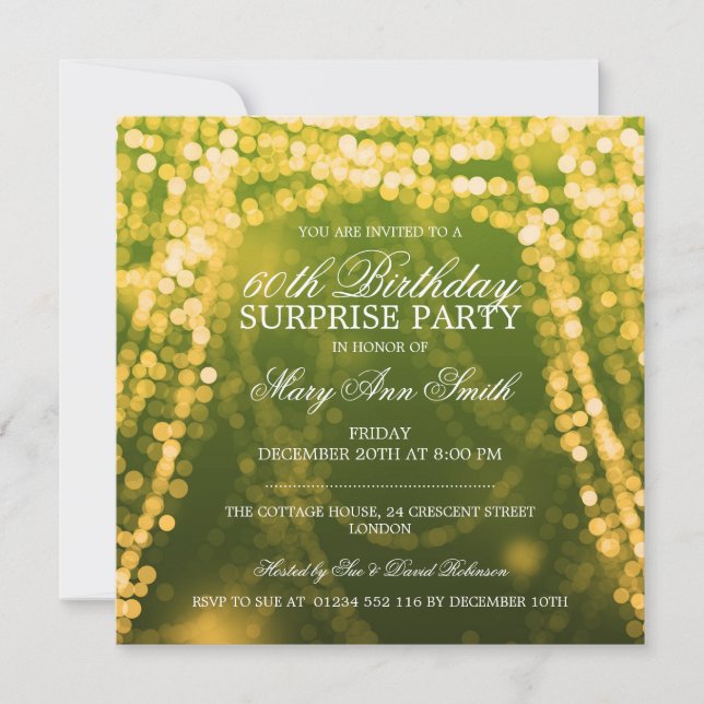 Invitación Surprise Birday Party String Lights Gold (Anverso)