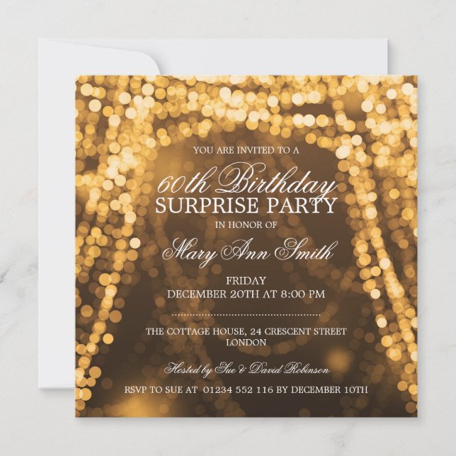 Invitación Surprise Birday Party String Lights Gold (Anverso)
