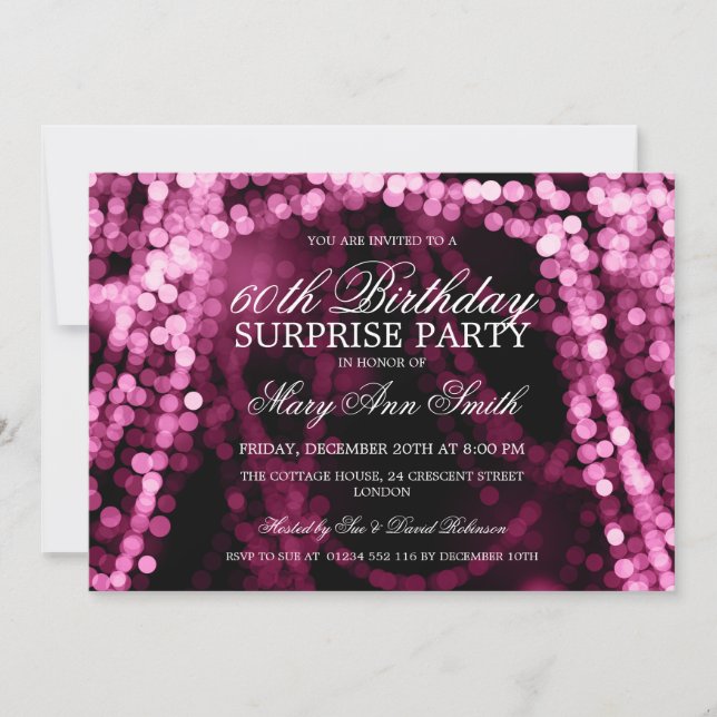 Invitación Surprise Birday Party String Lights Pink (Anverso)