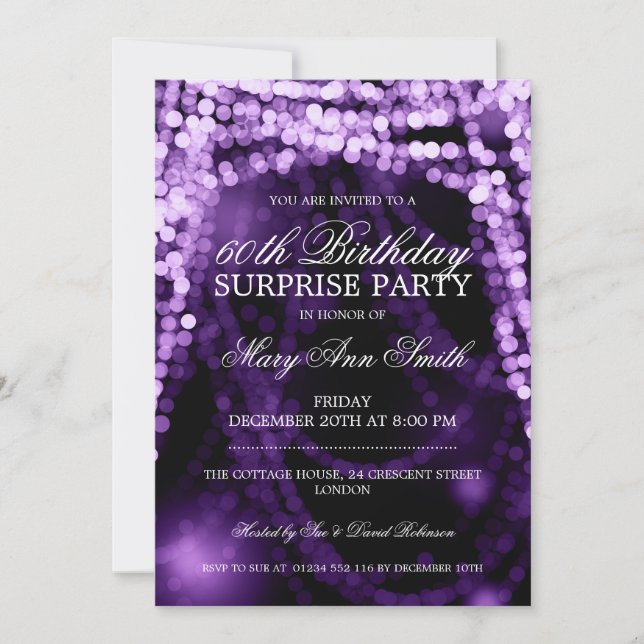 Invitación Surprise Birday Party String Lights Purple (Anverso)