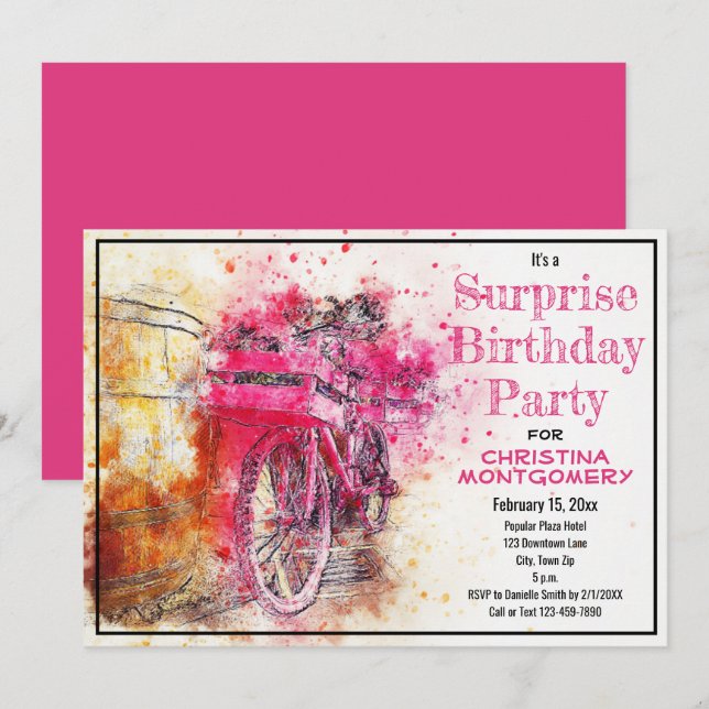 Invitación Surprise Birday Party Watercolor Bicycle Personali (Anverso / Reverso)