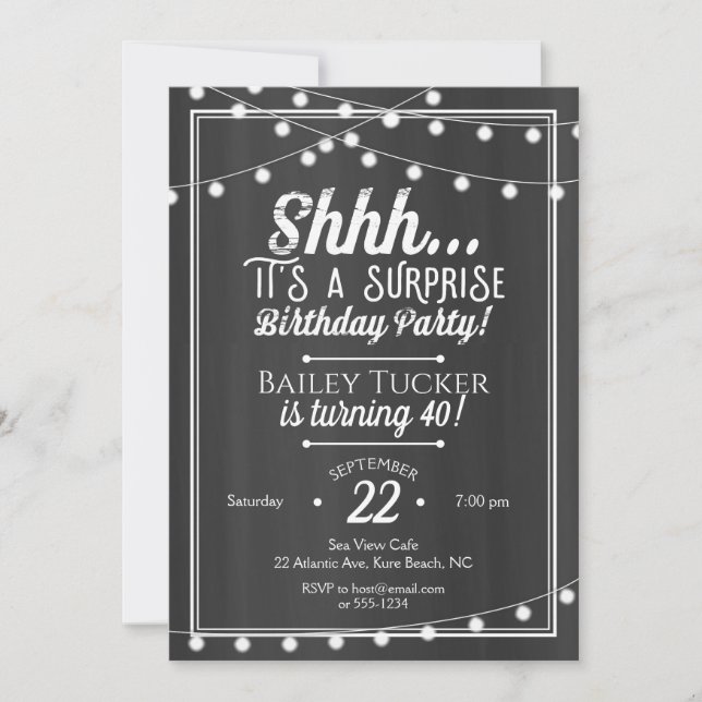 Invitación Surprise Birday String Lights on Chalkboard (Anverso)