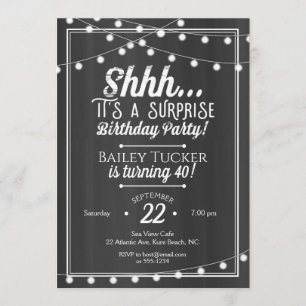 Invitación Surprise Birday String Lights on Chalkboard