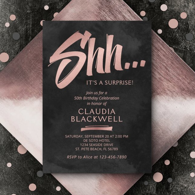 Invitación Surprise Birthday Black Rosa Gold (Subido por el creador)