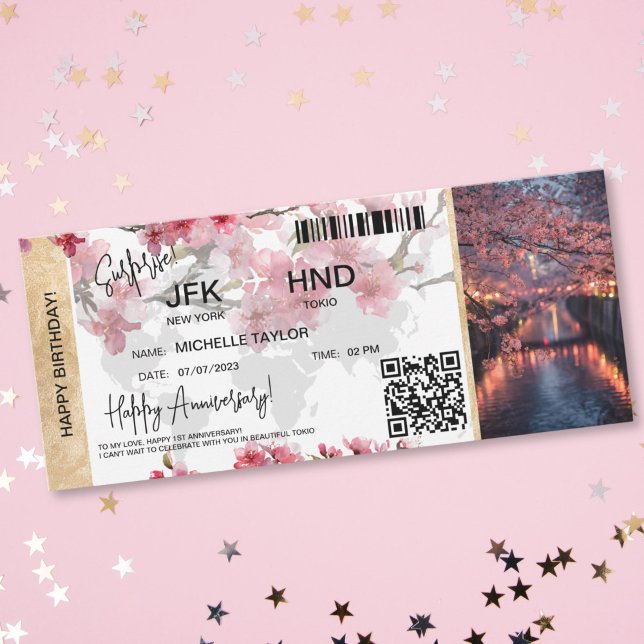 Invitación Surprise Birthday Boarding Pass Tokio Sakura  (surprise ticket card for sakura tokio )