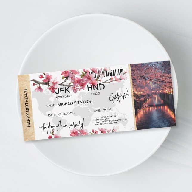 Invitación Surprise Birthday Boarding Pass Tokio Trip Ticket (Anniversary surprise trip boarding pass ticket, destination Tokio, cherry blossom)