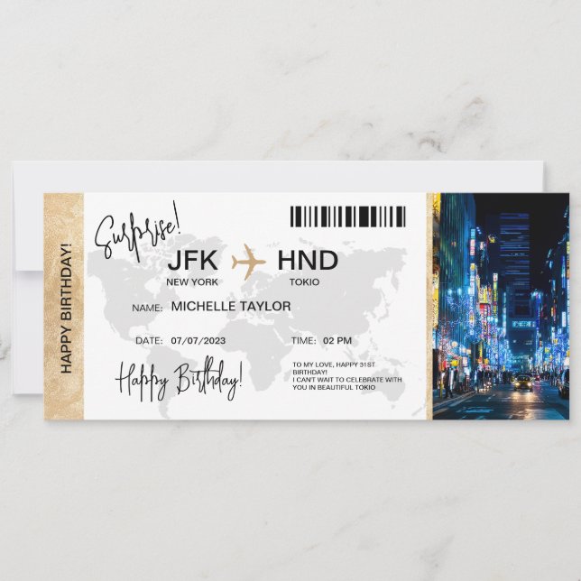 Invitación Surprise Birthday Boarding Pass Tokio Trip Ticket (Anverso)