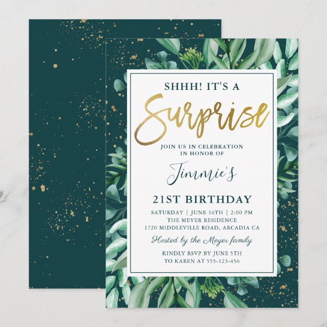 Invitación Surprise Birthday Moda Greenery Gold Purpurina (Anverso / Reverso)