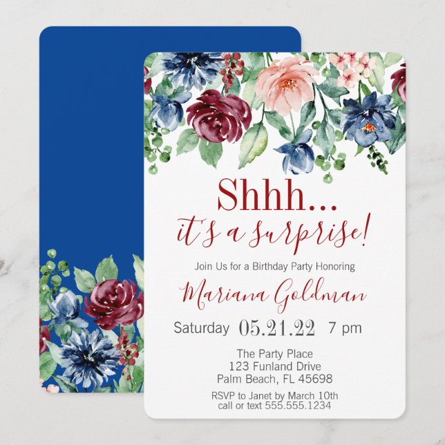 Invitación Surprise Birthday Navy Blue Burgundy Fiesta (Anverso / Reverso)