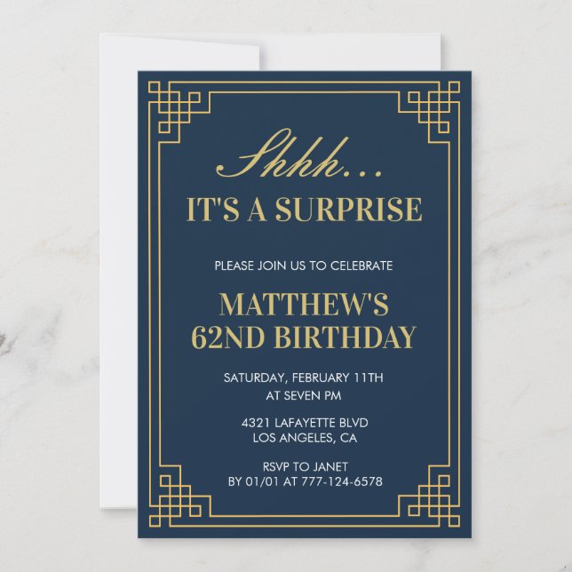 Invitación Surprise Birthday Navy blue Gold Men 62 cumpleaños (Anverso)