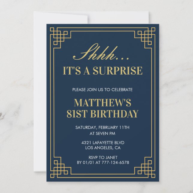 Invitación Surprise Birthday Navy blue Gold Men 81 cumpleaños (Anverso)