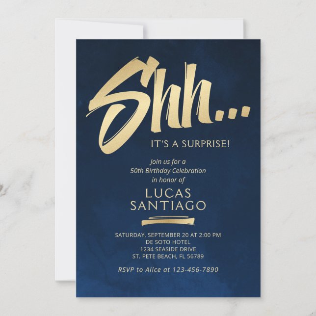 Invitación Surprise Birthday Navy Gold (Anverso)
