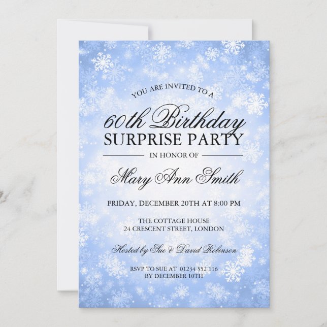 Invitación Surprise Birthday Party Blue Winter Wonderland (Anverso)