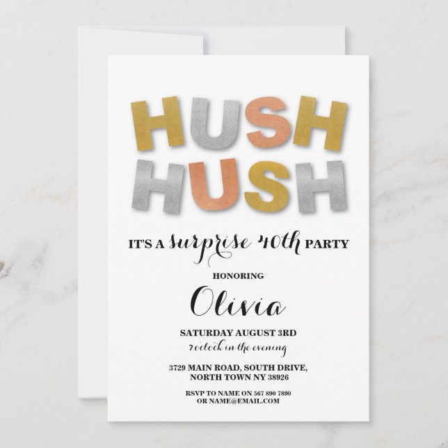 Invitación Surprise Birthday Party Hush Hush Gold Metallic (Anverso)