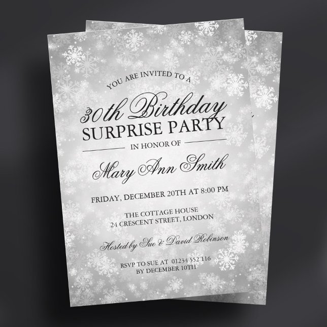Invitación Surprise Birthday Party Silver Winter Wonderland (Surprise Birthday Party Silver Winter Wonderland Invitation)