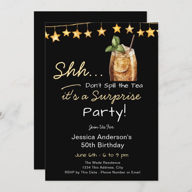 Invitación Surprise Birthday Party Spill the Tea (Anverso / Reverso)