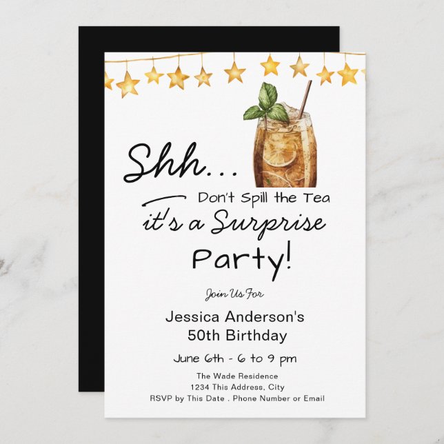 Invitación Surprise Birthday Party Spill the Tea (Anverso / Reverso)