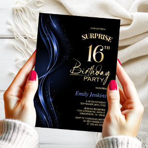 Invitación Surprise Black Blue 16th Birthday Party