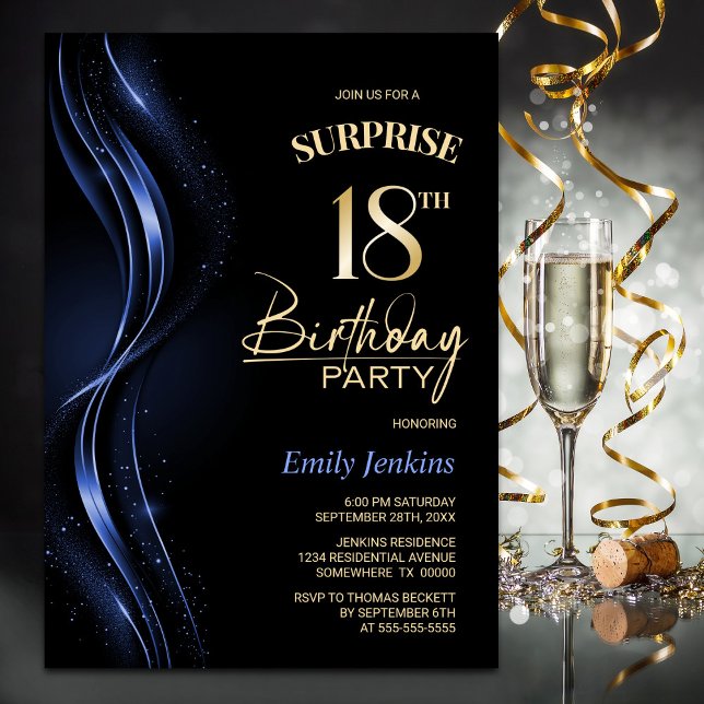 Invitación Surprise Black Blue 18th Birthday Party (Subido por el creador)