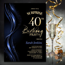 Invitación Surprise Black Blue 40th Birthday Fiesta