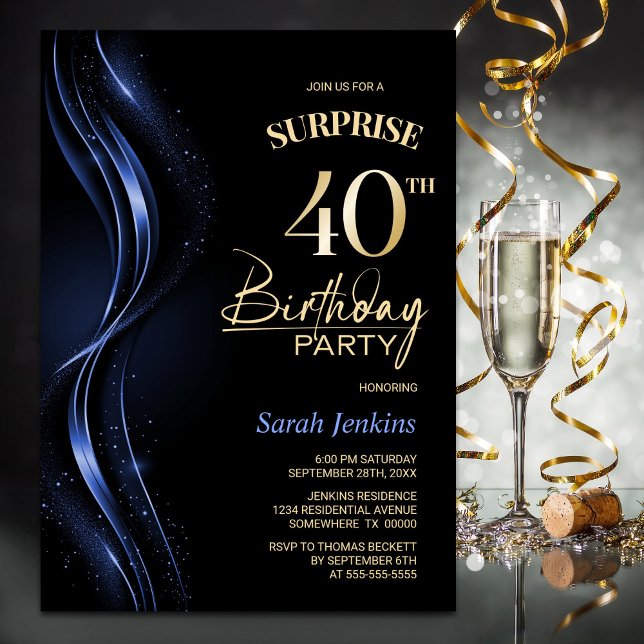 Invitación Surprise Black Blue 40th Birthday Fiesta (Subido por el creador)