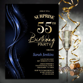 Invitación Surprise Black Blue 55th Birthday Party