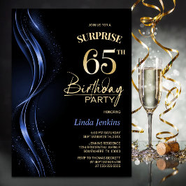 Invitación Surprise Black Blue 65th Birthday Party