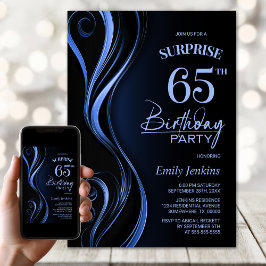 Invitación Surprise Black Blue 65th Birthday Party