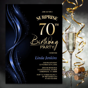 Invitación Surprise Black Blue 70th Birthday Party