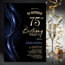 Invitación Surprise Black Blue 75th Birthday Party
