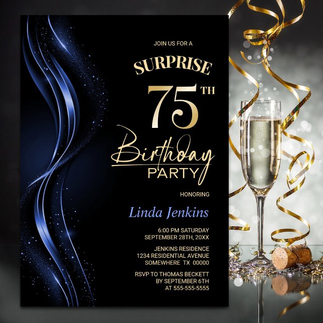 Invitación Surprise Black Blue 75th Birthday Party (Subido por el creador)