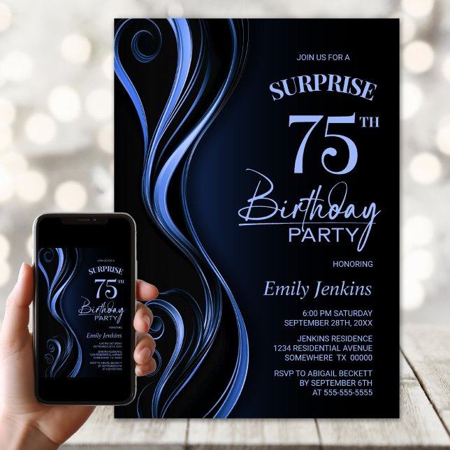 Invitación Surprise Black Blue 75th Birthday Party (Subido por el creador)
