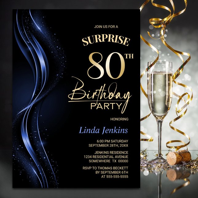 Invitación Surprise Black Blue 80th Cumpleaños Party (Subido por el creador)