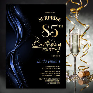 Invitación Surprise Black Blue 85th Birthday Party