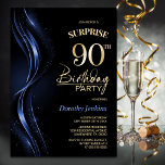 Invitación Surprise Black Blue 90th Birthday Party<br><div class="desc">Esta moderna invitación a los 90 años, de color negro y azul, marca el tono perfecto para un fiesta sorpresivo. Personalice fácilmente su invitación con el nombre del invitado, los detalles del fiesta y la información del lugar en sólo unos pocos clics. Podrás crear una noche llena de amor, risas...</div>