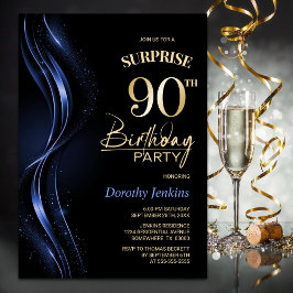 Invitación Surprise Black Blue 90th Birthday Party