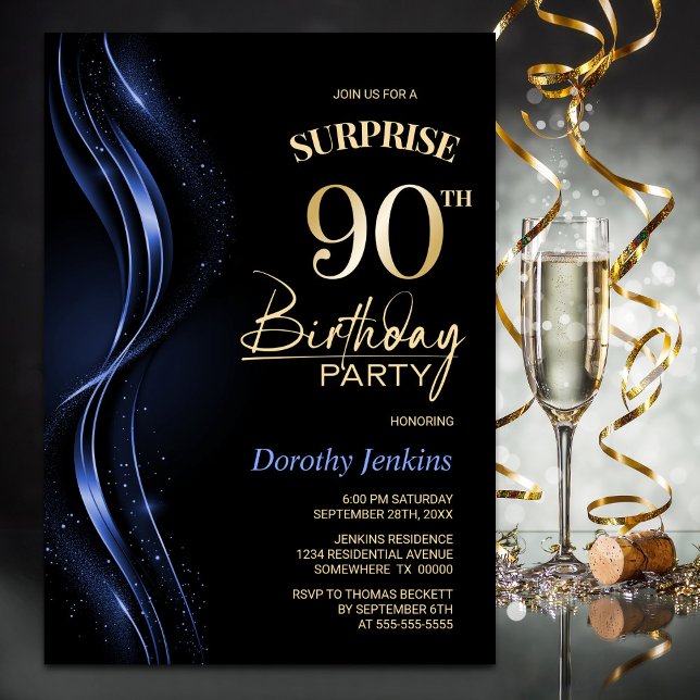 Invitación Surprise Black Blue 90th Birthday Party (Subido por el creador)