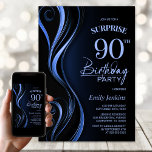 Invitación Surprise Black Blue 90th Birthday Party<br><div class="desc">Esta moderna invitación a los 90 años, de color negro y azul, marca el tono perfecto para un fiesta sorpresivo. Personalice fácilmente su invitación con el nombre del invitado, los detalles del fiesta y la información del lugar en sólo unos pocos clics. Podrás crear una noche llena de amor, risas...</div>