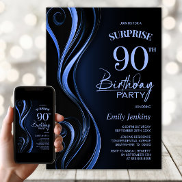 Invitación Surprise Black Blue 90th Birthday Party