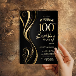 Invitación Surprise Black Gold 100th Birthday Party