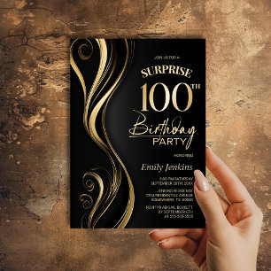 Invitación Surprise Black Gold 100th Birthday Party