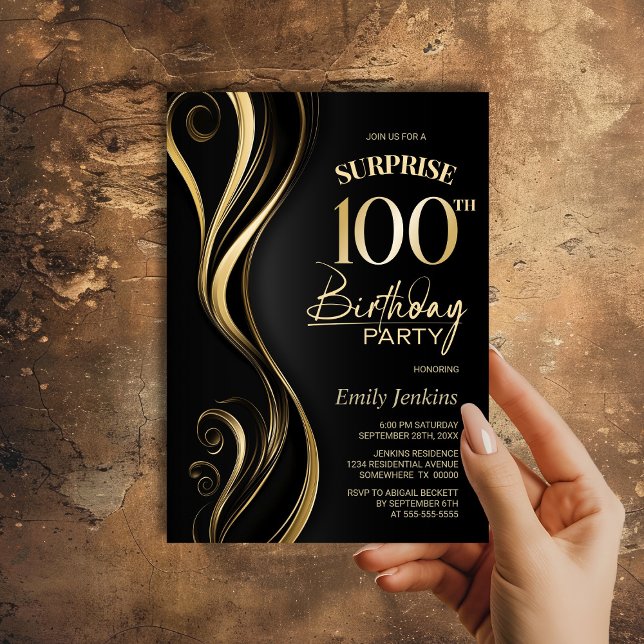 Invitación Surprise Black Gold 100th Birthday Party (Subido por el creador)