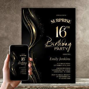 Invitación Surprise Black Gold 16th Birthday Party