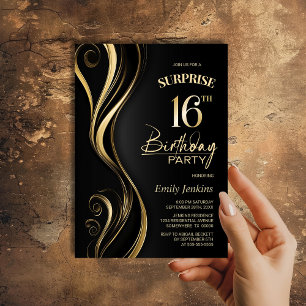 Invitación Surprise Black Gold 16th Birthday Party