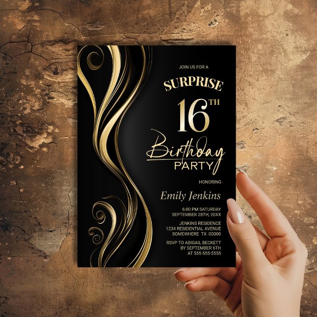 Invitación Surprise Black Gold 16th Birthday Party (Subido por el creador)