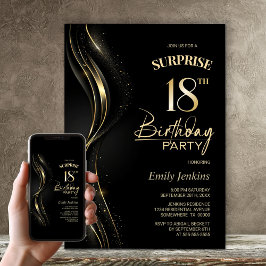 Invitación Surprise Black Gold 18th Birthday Party