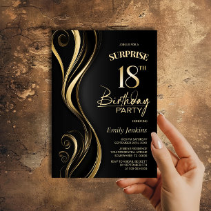 Invitación Surprise Black Gold 18th Birthday Party
