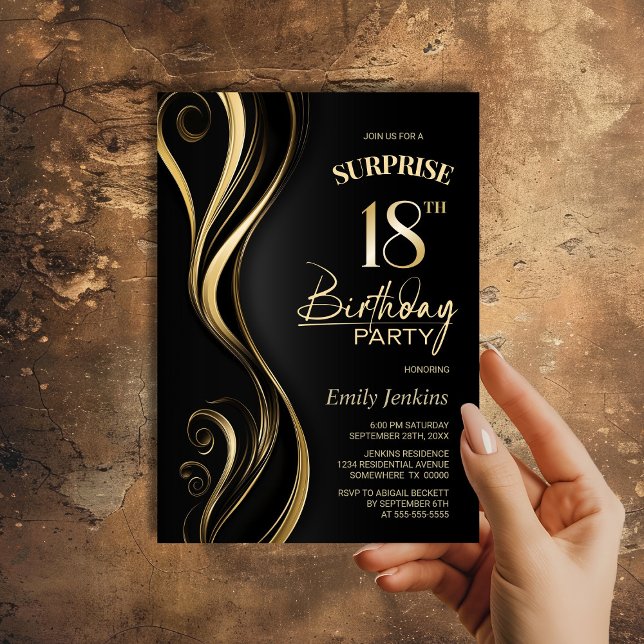 Invitación Surprise Black Gold 18th Birthday Party (Subido por el creador)
